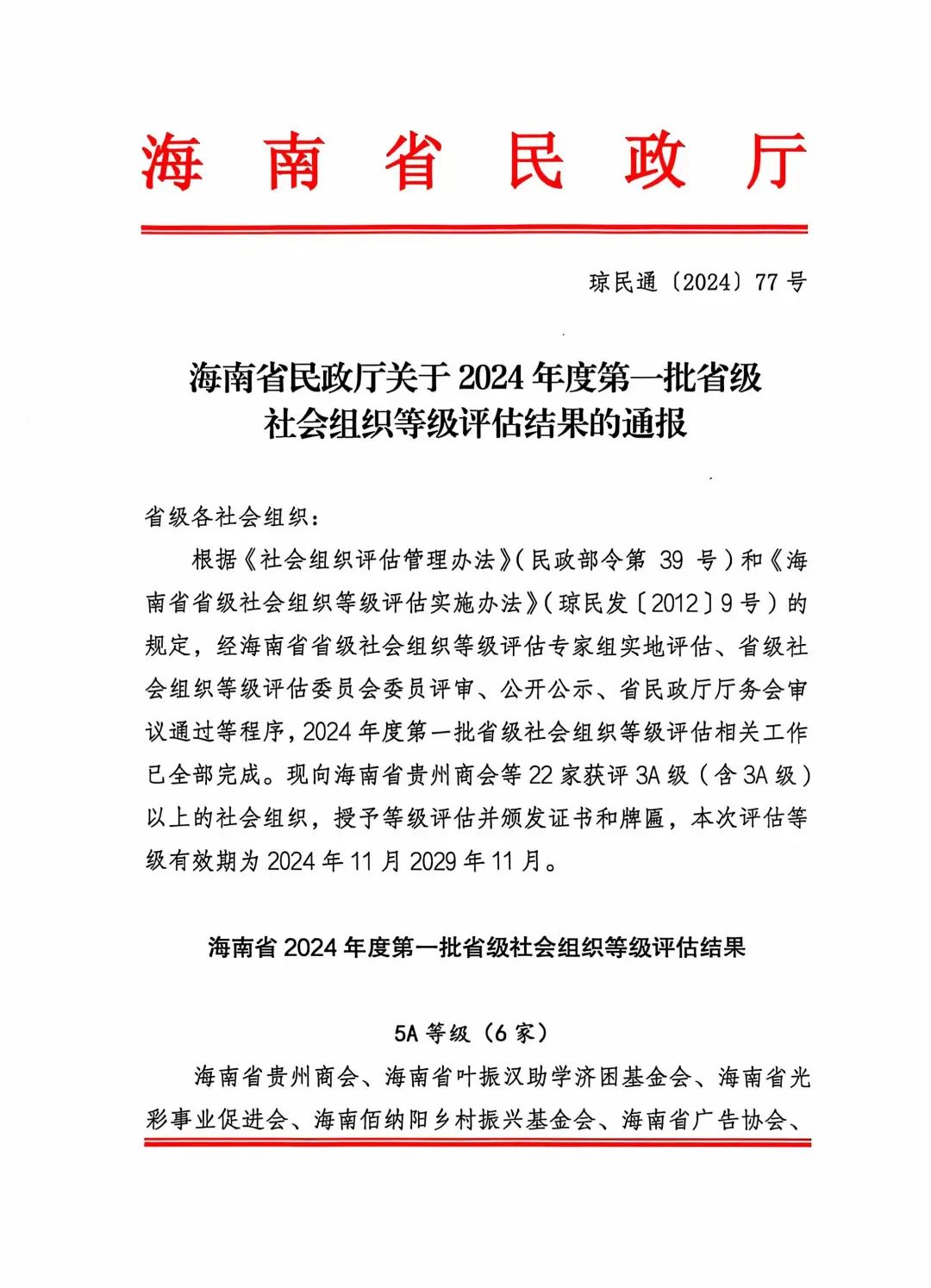 亚洲文化艺术基金会荣获海南省2024年度省级社会组织等级评估4A级社会组织
